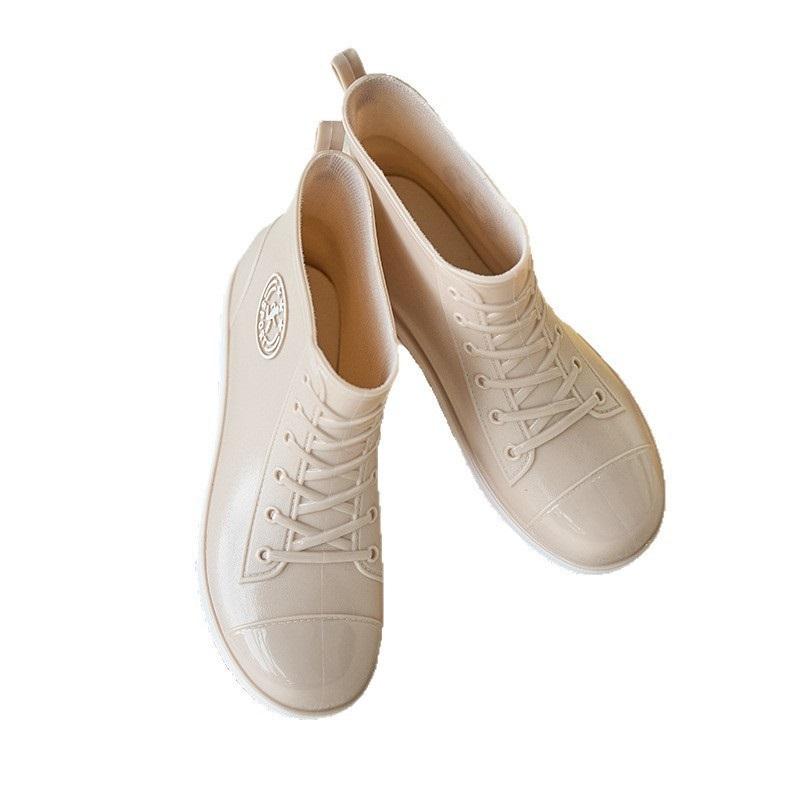 Women Ankle Rain Boots Lace Up Canvas Style Waterproof PVC Rubber Wellies Non Slip Casual Short Rain Shoes