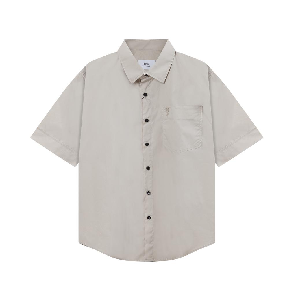 AMI Classic Autumn Chest Pocket with Same Color Heart Embroidery Logo, Casual Cotton Solid Color Short Sleeved Shirt