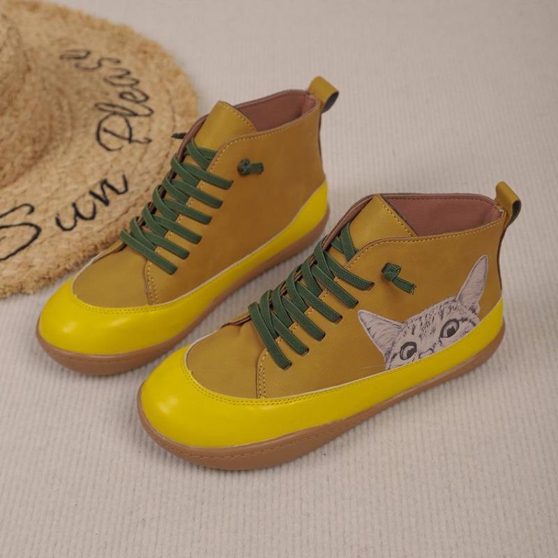 Botas Femininas Plus Size Estampa de Gato Cano Curto Salto Baixo Cadarço Moda Confortáveis Todas as Estações Primavera Outono