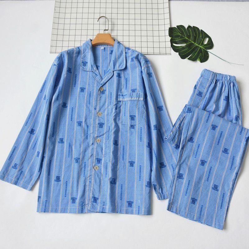 Foreign Trade Orders Exported To Japan Summer and Autumn Thin Men's Woven Pure Cotton Printing Comfortable Long Sleeve Trousers Pajamas Home Wear Set