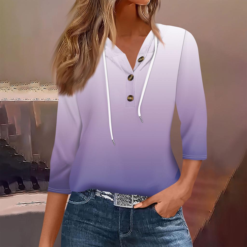 Women's Fashion Seven Split Sleeve Button Casual Hooded Printed T-Shirt Top