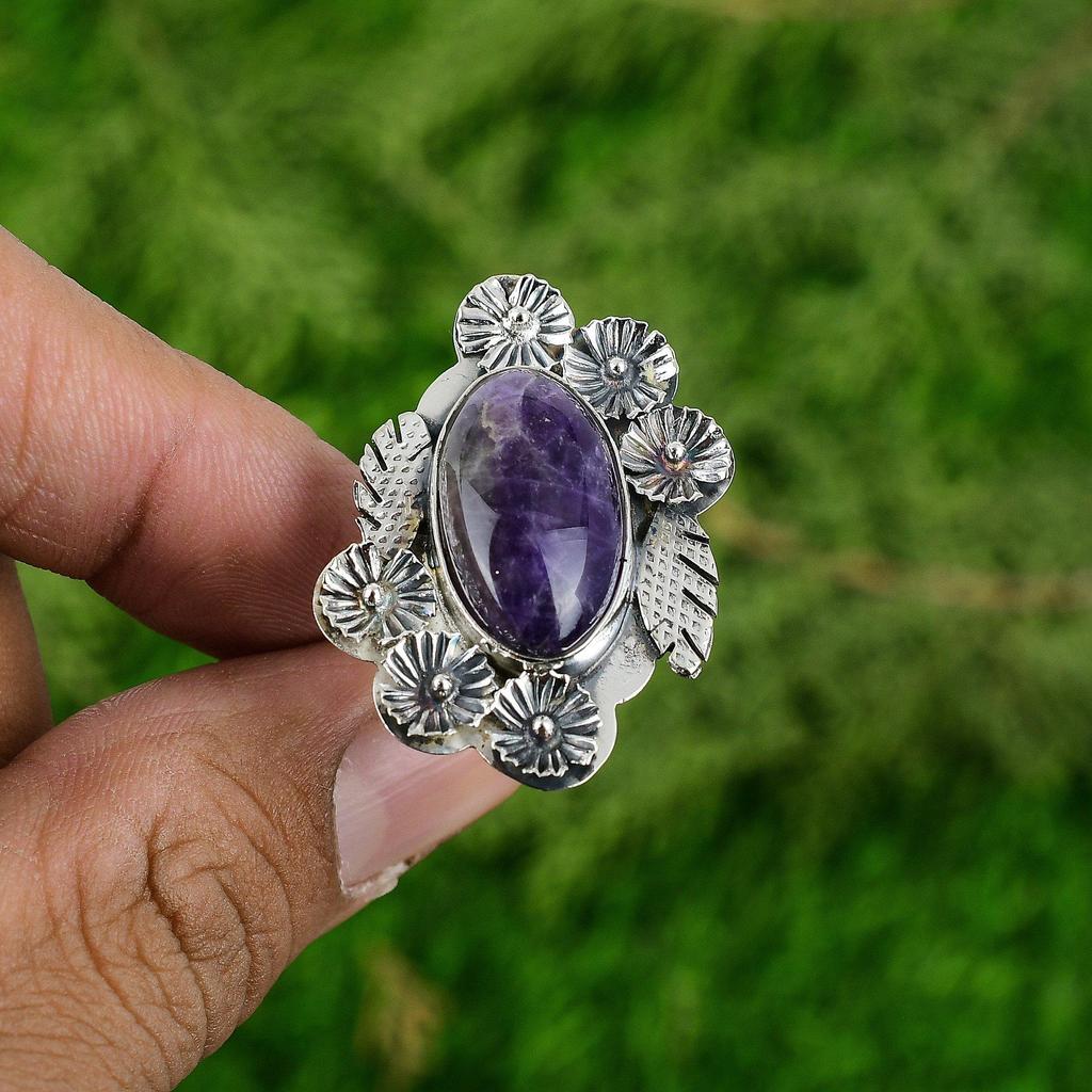 925 Silver Natural Chevron Amethyst Stackable Flower Adjustable Ring