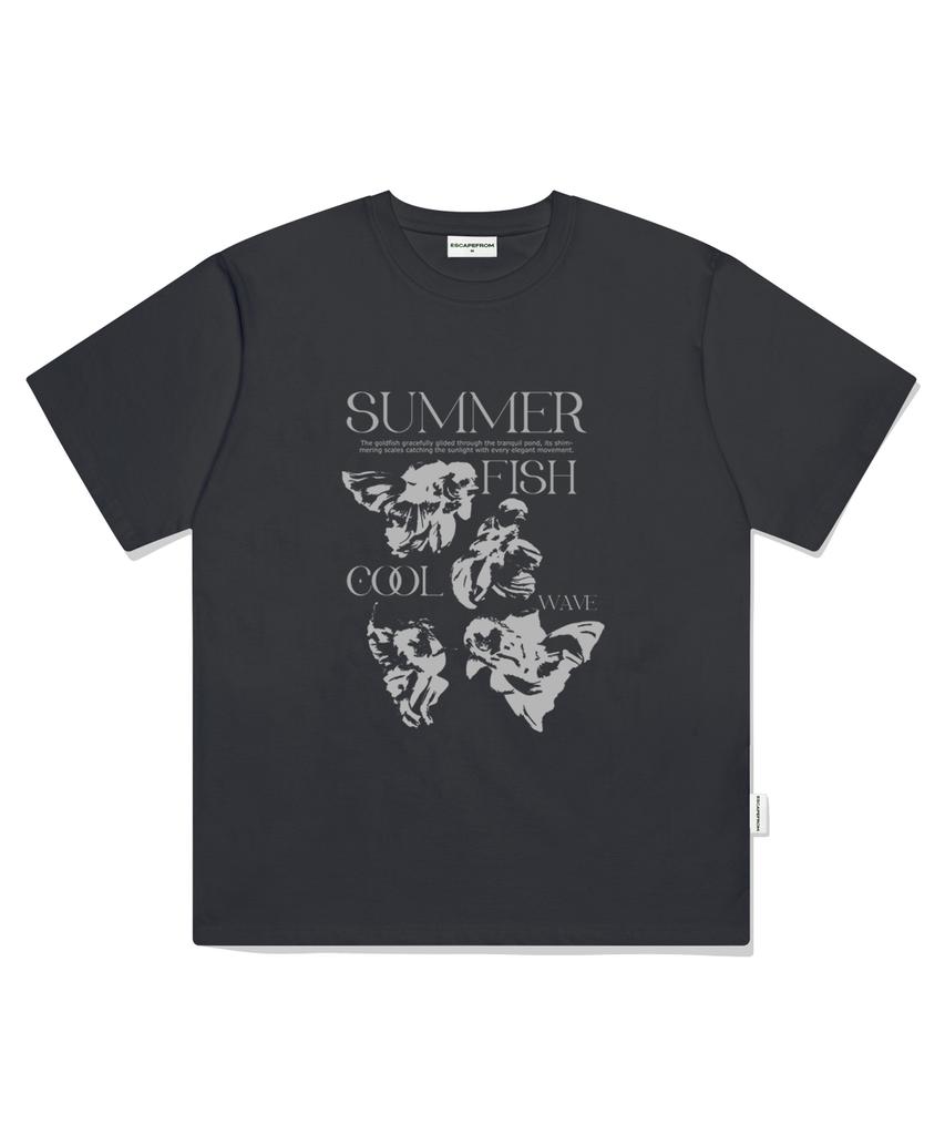 ESCAPEFROM Cool Summer Fish Print Oversized Short Sleeve T-Shirt Charcoal