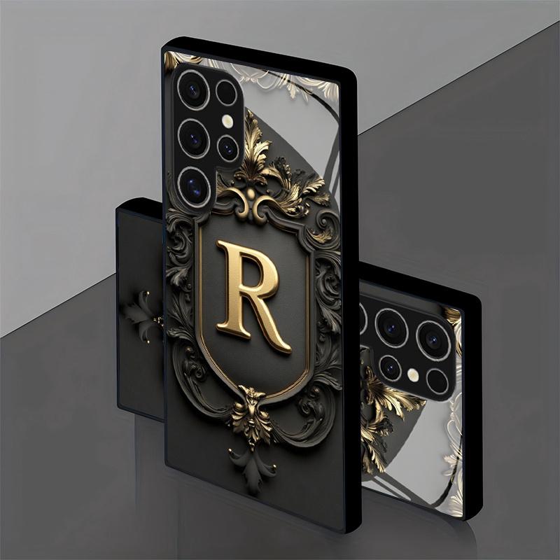 Goldener Glücksbuchstabe R Gehärtetes Glas Handyhülle Geeignet für Samsung Galaxy S26 S25 S24 S22 S21 S20 FE/Ultra/Plus Sturzfest