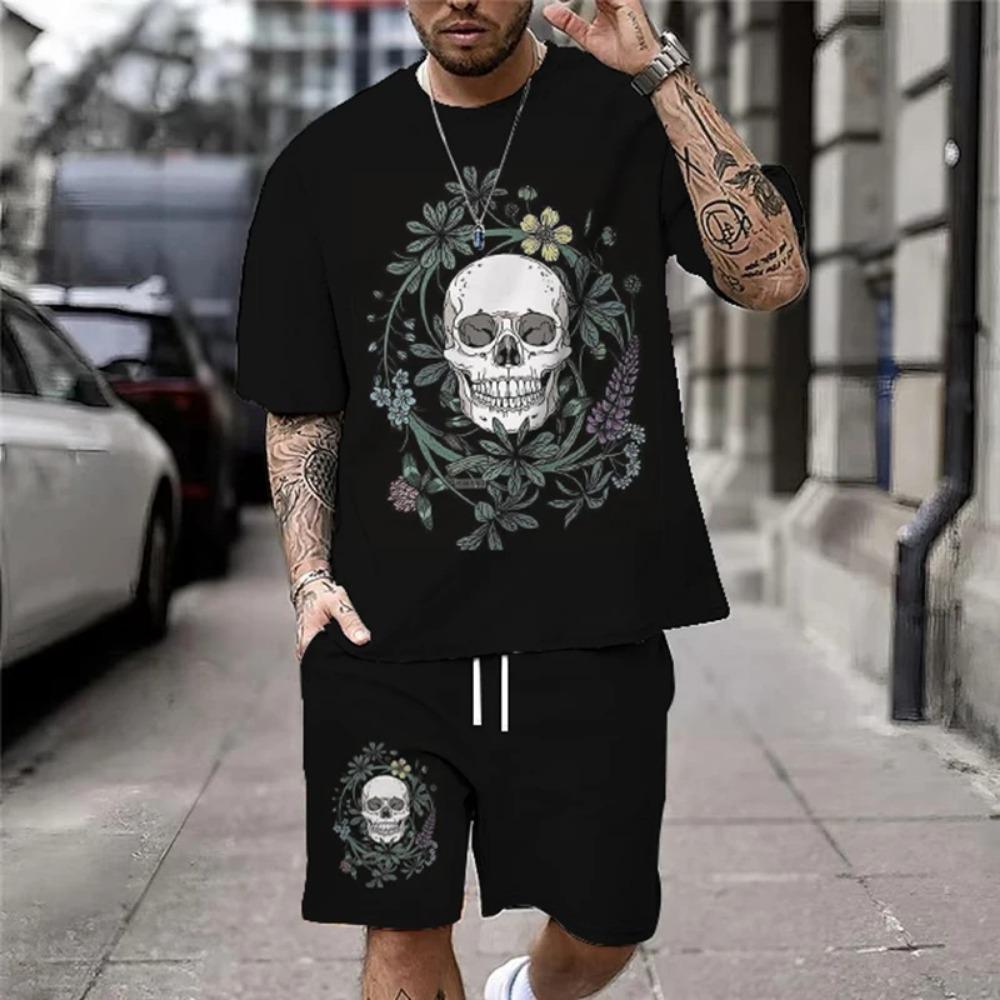 Summer New Casual Men's Skull Print T-Shirt Set Fashion Streetwear Tees Loose Oversized Breathable Soft Short Sleeves And Shorts