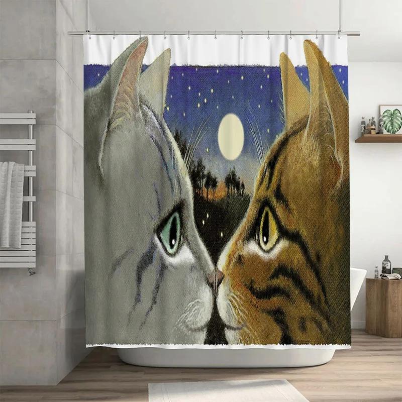 

Whimsical Moonlit Night Double Cat Shower Curtain High-Quality Bathroom Decor For Cats Lovers! W60H190(CM)-1 Pcs