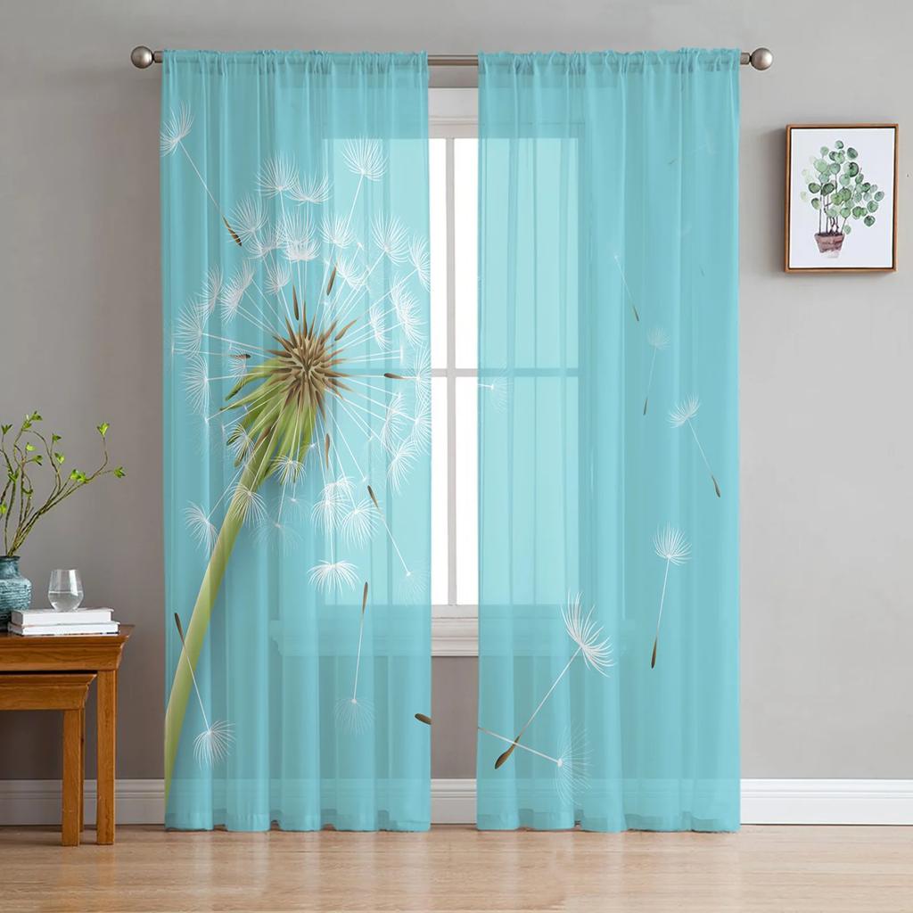 Green Plant Grey Dandelion Soft Tulle Transparent Curtains Perfect for Living Room Decoration Window Panel Curtain Perfect for Bedroom Kitchen Voile