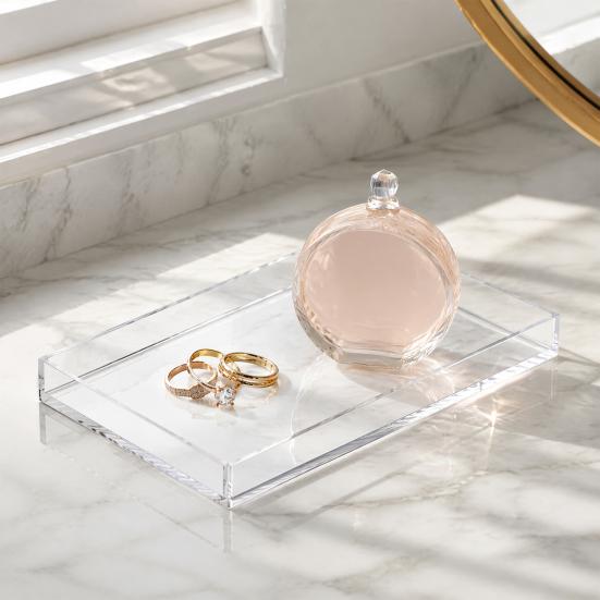 Clear Acrylic Toiletry Holder Decorative Tray, Modern Rectangular Vanity Space Small Tray for Toothbrush Saving Jewelry And Perfume Organizer Bathroom