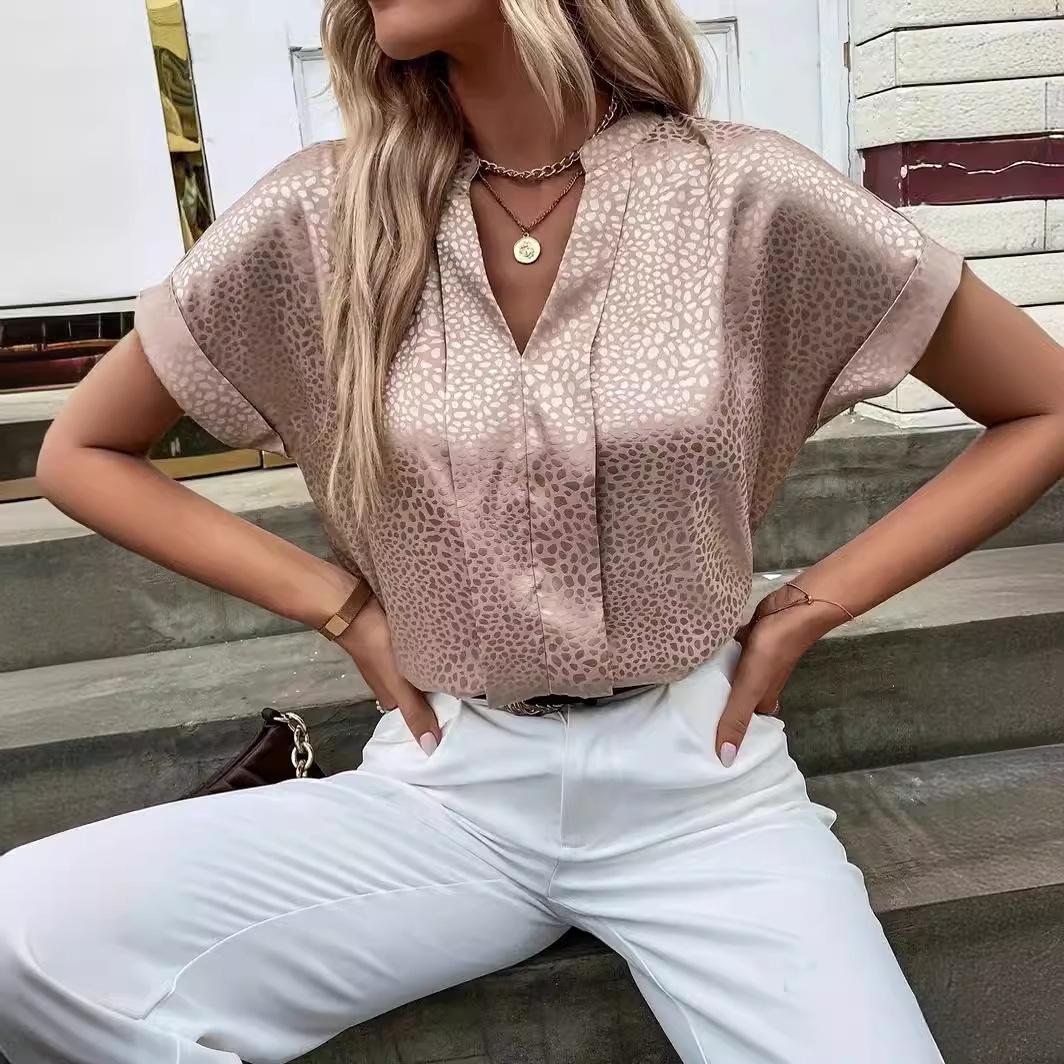 

In-Stock 2024 Summer Elegant Women s V-Neck Jacquard Loose Pullover Shirt L рожевий