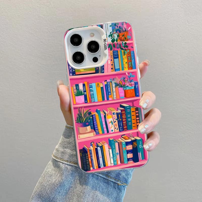 Art Bookshelf And Small Flowers Phone Case For iPhone 17 Pro Max 16 15 Pro 14 13 Mini 12 11 XR XS 17Air Plus Hard Matte Cover