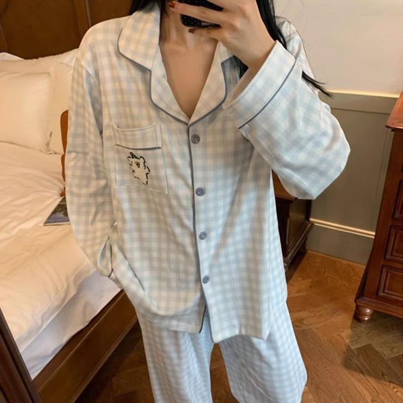 Autumn Pajamas Female Cute Plaid Comfortable Cotton Cardigan Age-Reducing Fashion Versatile Long-Sleeved Trousers Loungewear Suit