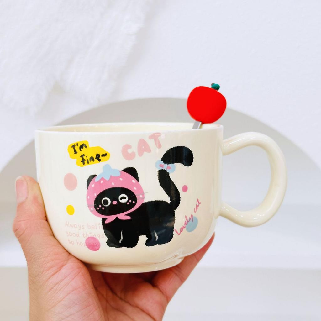 Apple Cat Red Souvenir Set Cartoon Cute Festive Ceramic Cup with Lid Spoon Mug Personalized Hand Cup