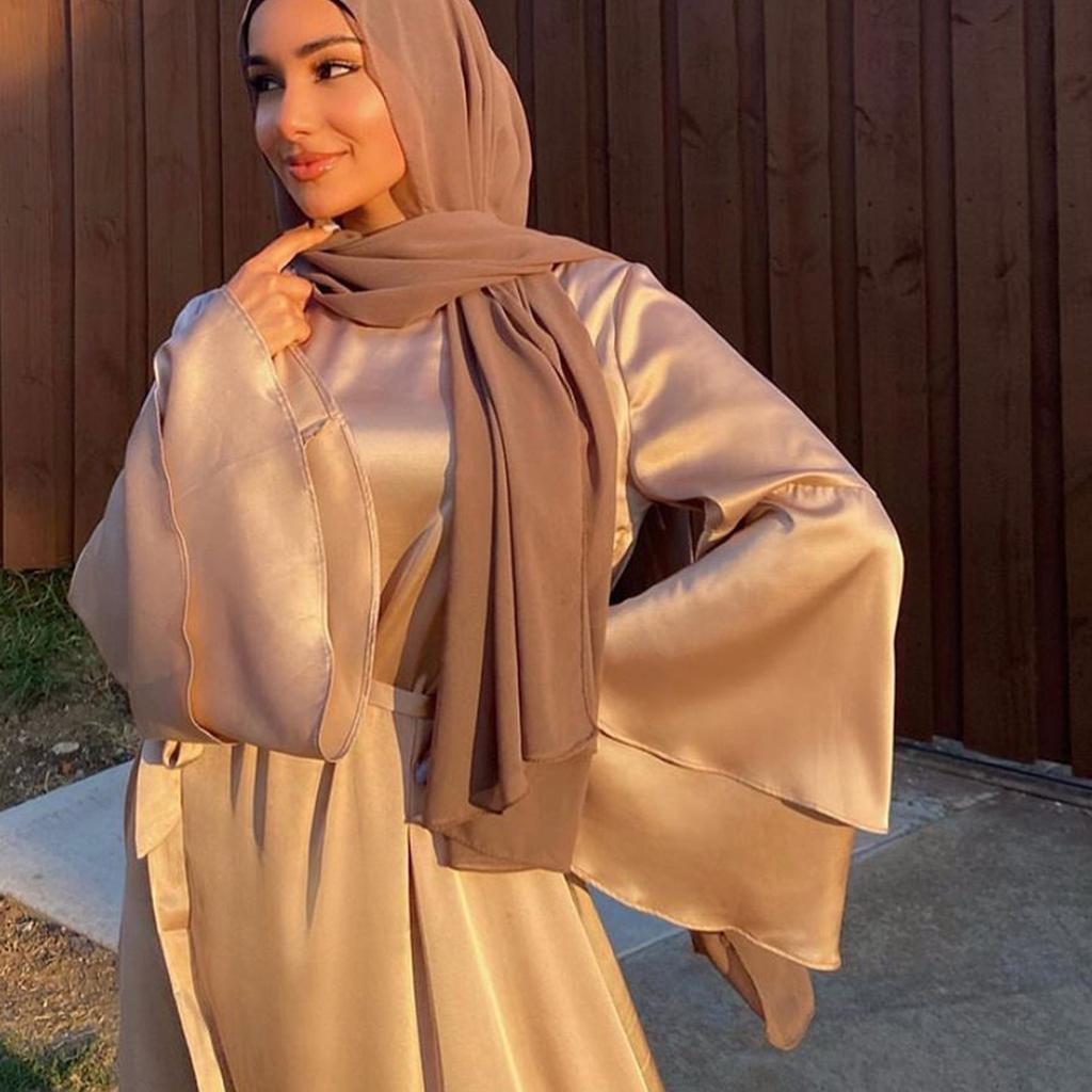Women's Fashion Solid Color  Long Sleeve Satin Soft Waist And  Dress
