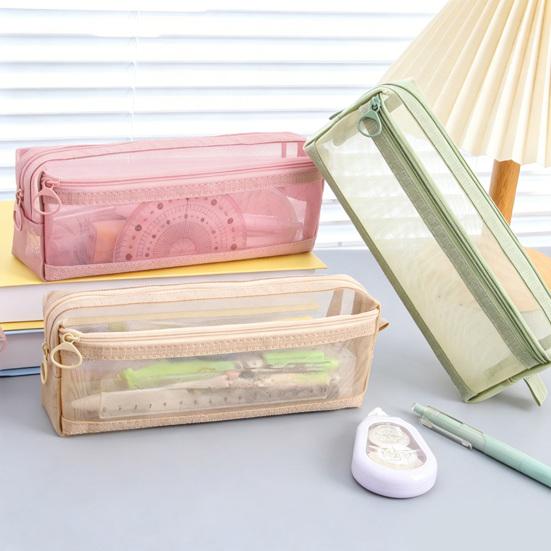 Pencil Case Double-Layer Large Capacity Transparent Mesh Students Exams Stationery Organizer Break-resistant Pencil Bag