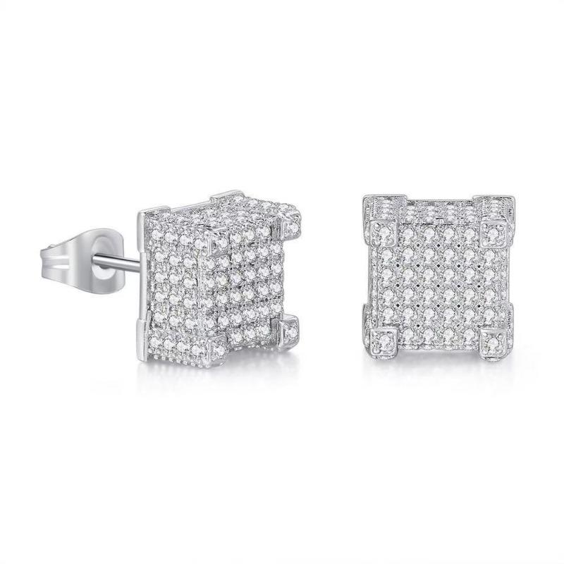 Square-threaded Ear Stud with A Small Inlaid Zirconia and Full-diamond Setting. Hip-hop Style, Popular Ear Jewelry. серебряный