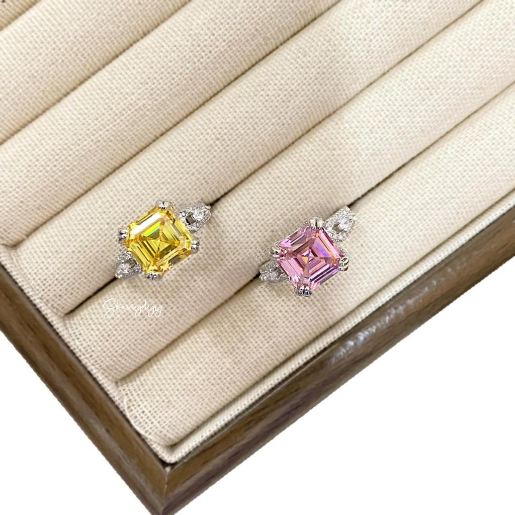 Elegant Yellow Diamond Ring with Square Pink Open Design