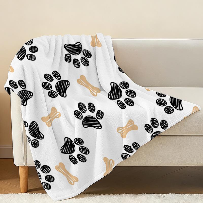 Pet Themed Flannel Blanket – Lightweight Soft Warm, Black Gold Paw Prints & Bones, Cozy Home Sofa Nap, Window Seat Decor for Christmas Halloween