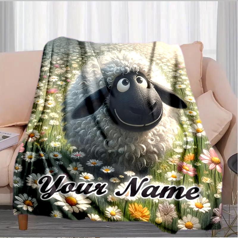 1PC Custom Name Sheep Flower Field flannel blanket versatile,all-season throw suitable for the living room,bedroom,camping,travel,and gift