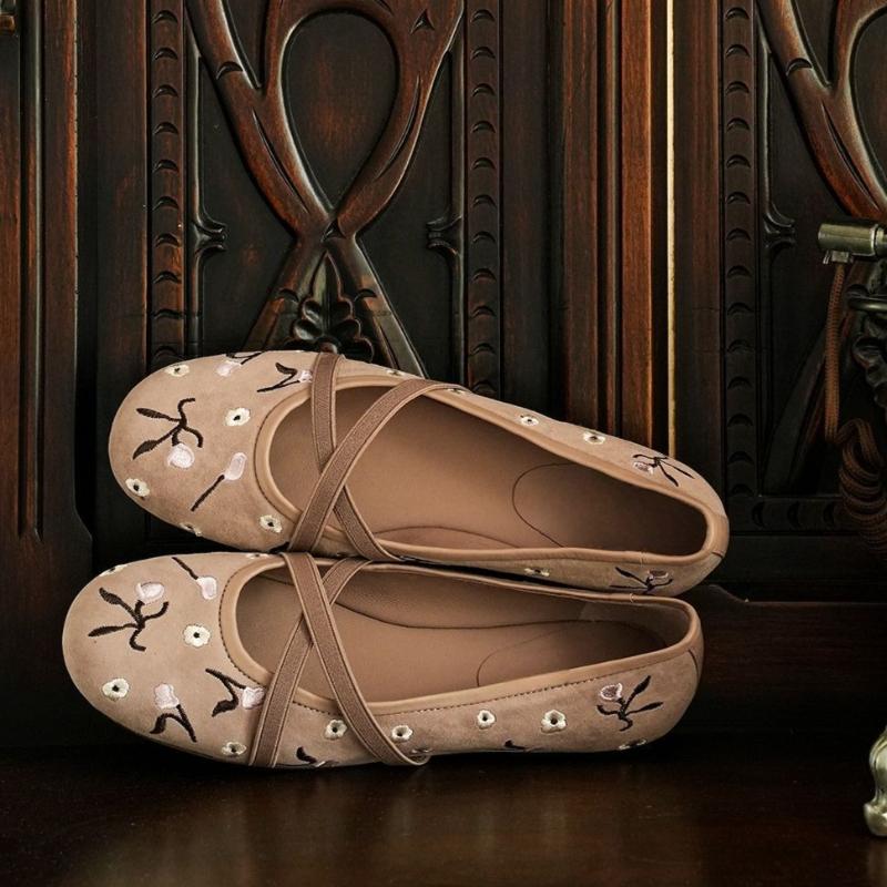 

Embroidery Floral Ballet Flats Shoes Women Vintage Cross Tie Round Toe Slip-on Loafers Spring Autumn Shallow Mary Janes Shoes 41 абрикосовий