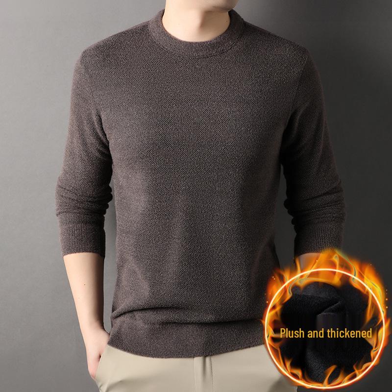 Men's Warm Thickened Knit Sweater - Autumn/Winter Casual, Middle-Aged, Round Neck, Solid Color, Fluffy Velvet.