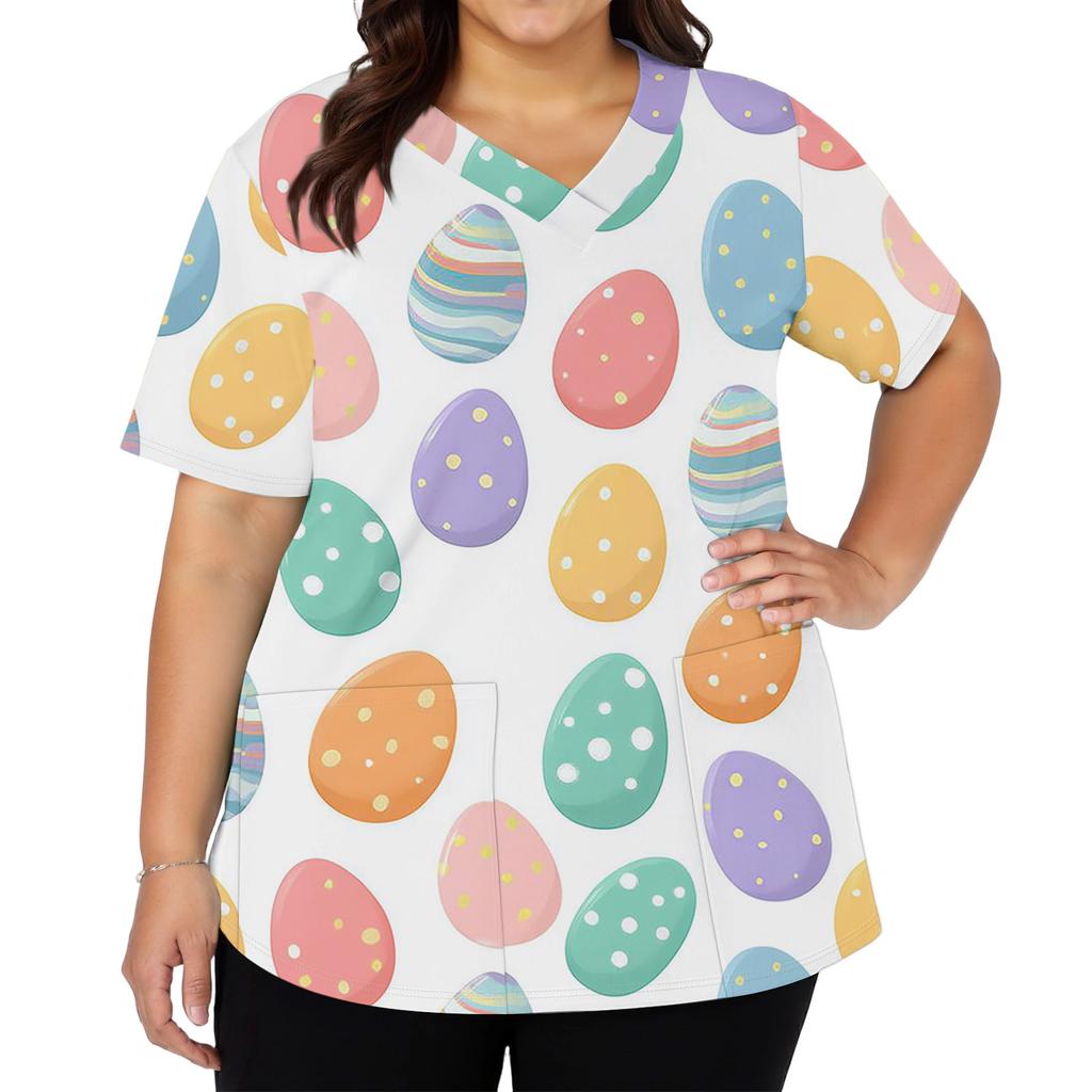Women's Fashionable V-neck Short-sleeved Work Top With Double Side Slits And Pockets, Featuring Easter Bunny And Egg Prints.