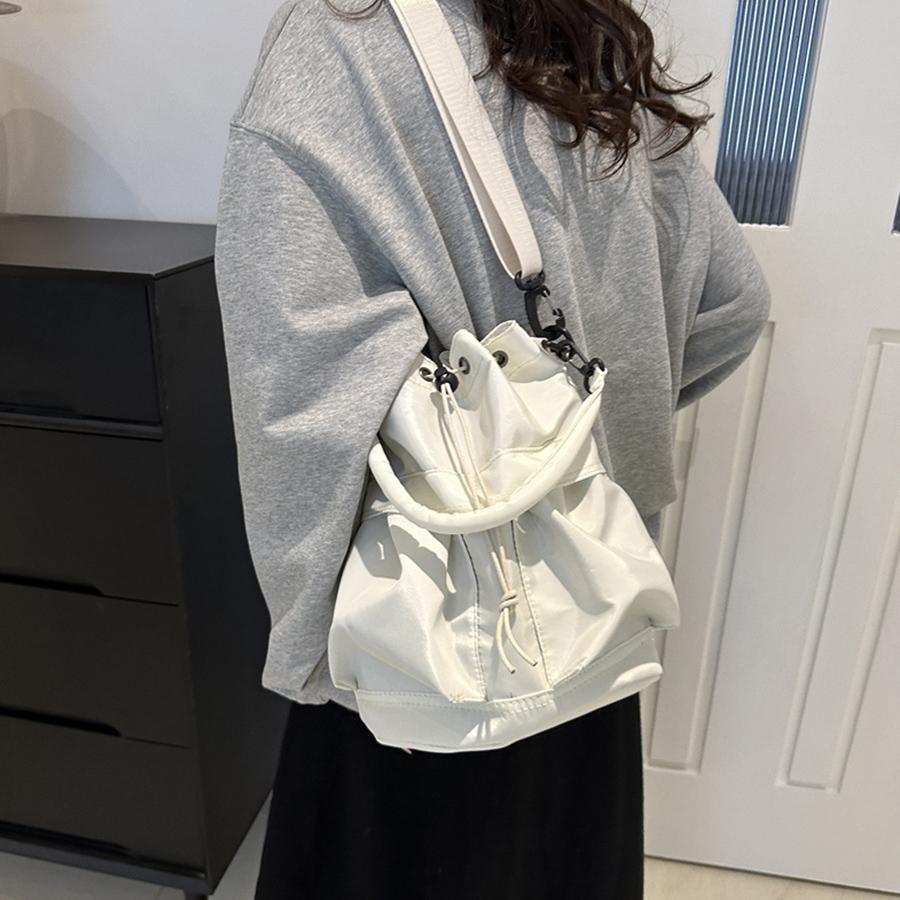 Commuter Crossbody bag for women Korean handbags casual solid color shoulder bag drawstring fold large capacity nylon bucket bag