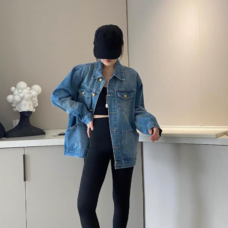 

Ретро-джинсовая куртка для женщин в гонконгском стиле, плотная, с эффектом стирки - Коллекция Весна/Осень 2025, Свободный крой и трендовая M