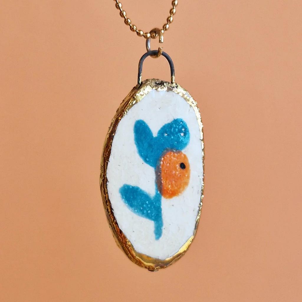 Hand-Painted Printed Necklace, Dripping Oil Flower Gold Pattern Pendant, Artistic Style, Niche Women'S Tide Neck Chain.