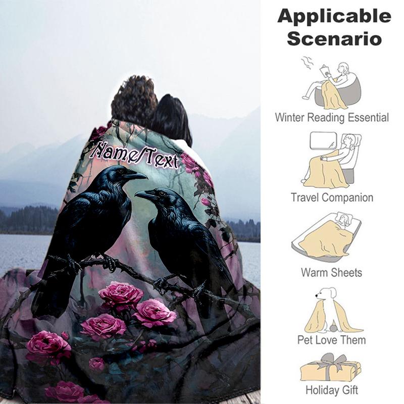 1PC Custom Name Ravens Roses Fantasy Art Flannel Blanket Versatile,all-season Throw Suitable for the Living Room,bedroom,camping,travel,and Gift