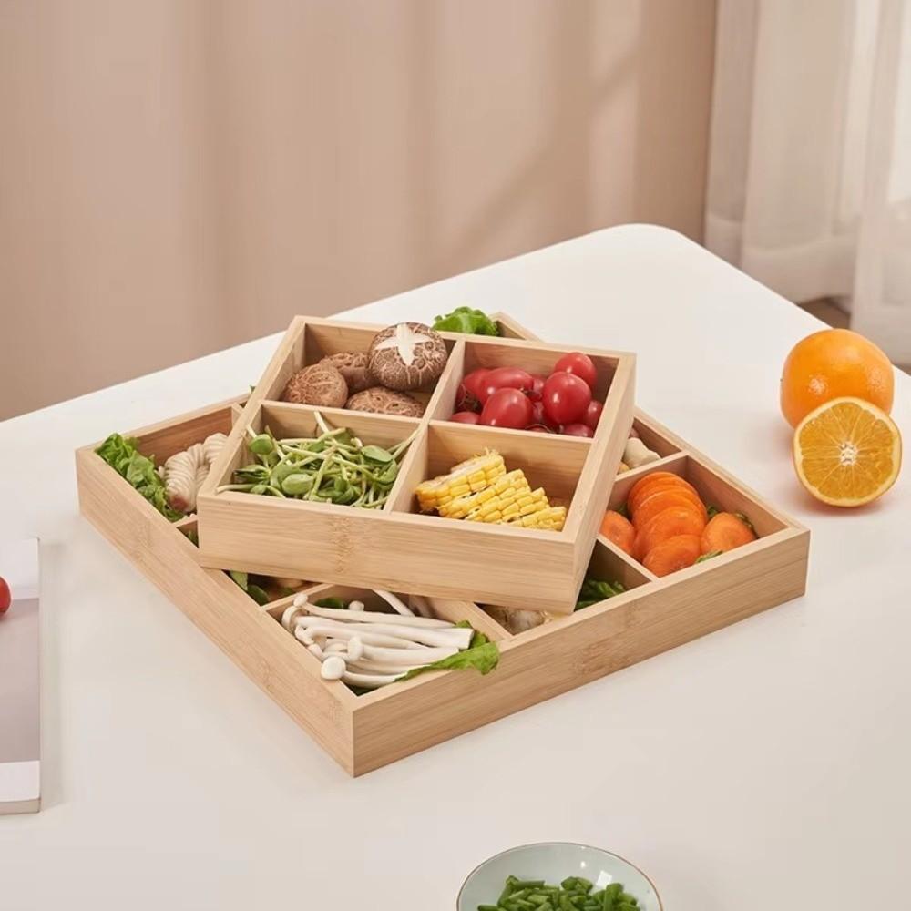 Multi-Grid Divided Plate Wooden Snack Storage Tray Reusable Bamboo Tray  Candy