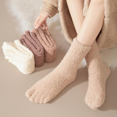 10Pair Coral Fleece Five-Toed Socks Winter Sub-Toe Socks Children'S Fleece Thickened Warm Medium Tube Women'S Socks Solid Color Five-Finger Socks