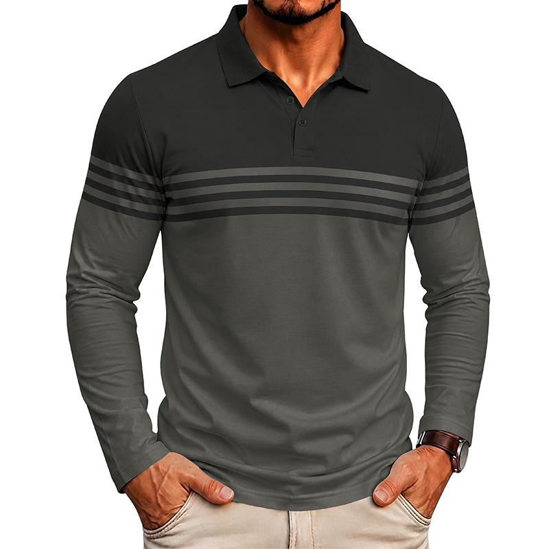 Men's Long Sleeve Polo Shirt with Striped Design, Casual and Versatile for Daily Wear.
