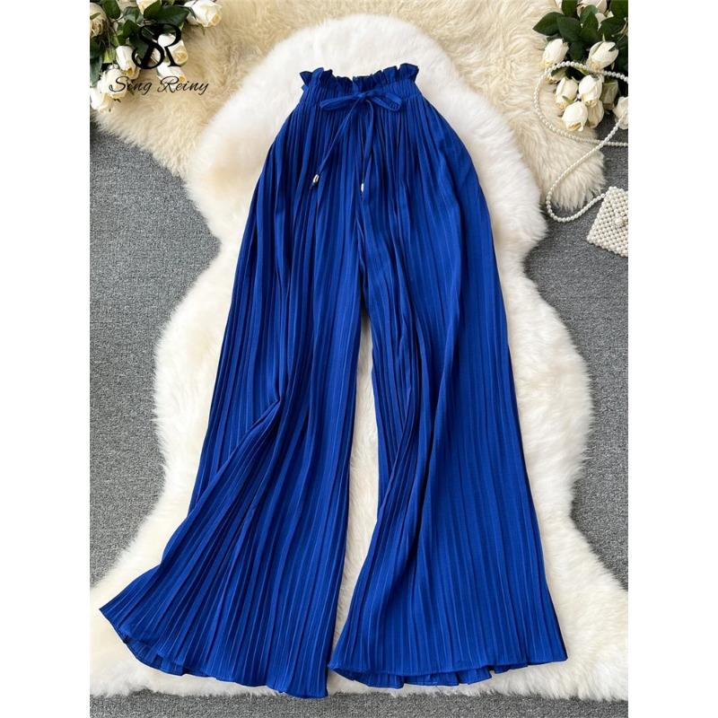 Bandaj Temelleri Rahat Pantolon Kadın Yaz Boy Dökümlü Geniş Bacaklar Pantolon Yüksek Bel Katı Uzun Pilili Pantolon