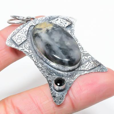 Natural Ocean Fume Agate, Spinel Gemstone 925 Sterling Silver Pendant 2.60" T7G78