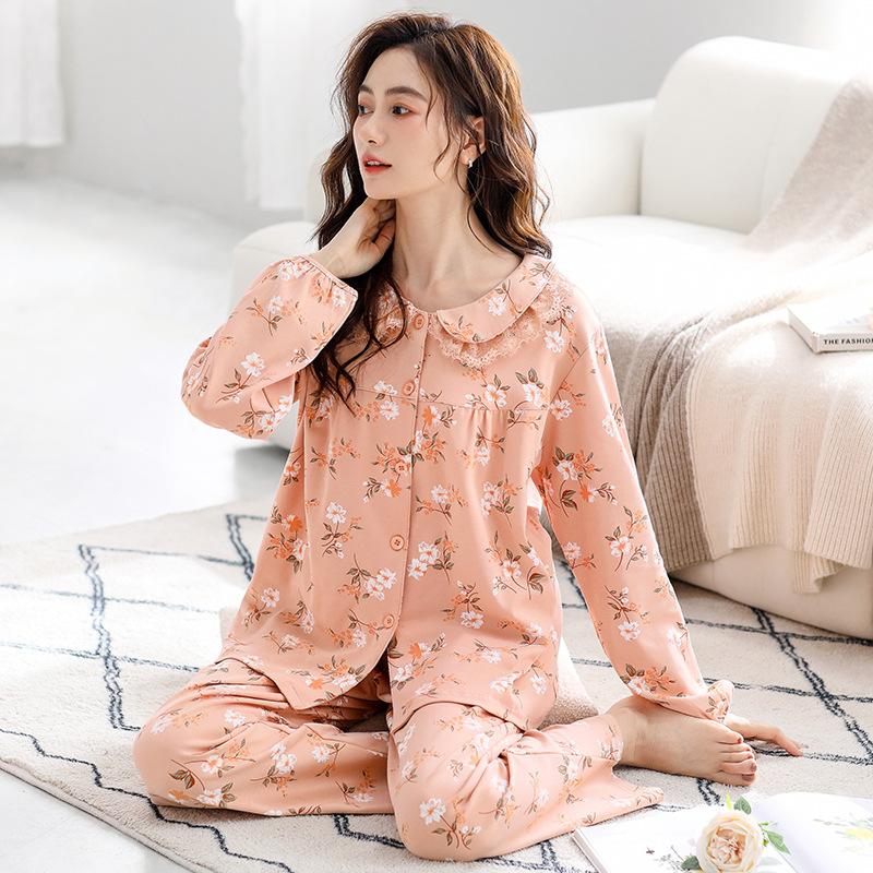 Pajamas Women'S Pure Cotton Long-Sleeved Cotton Crew Neck Cardigan Loungewear Set