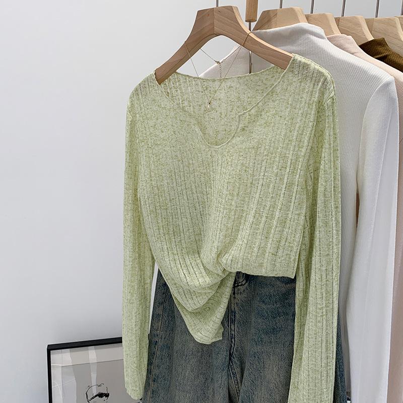 

Женская уникальная красивая высококачественная свободная легкая дышащая футболка с рубчиком, с длинным рукавом, для весны и лета, защита от солнца, накидка для кондиционера XL зелёный