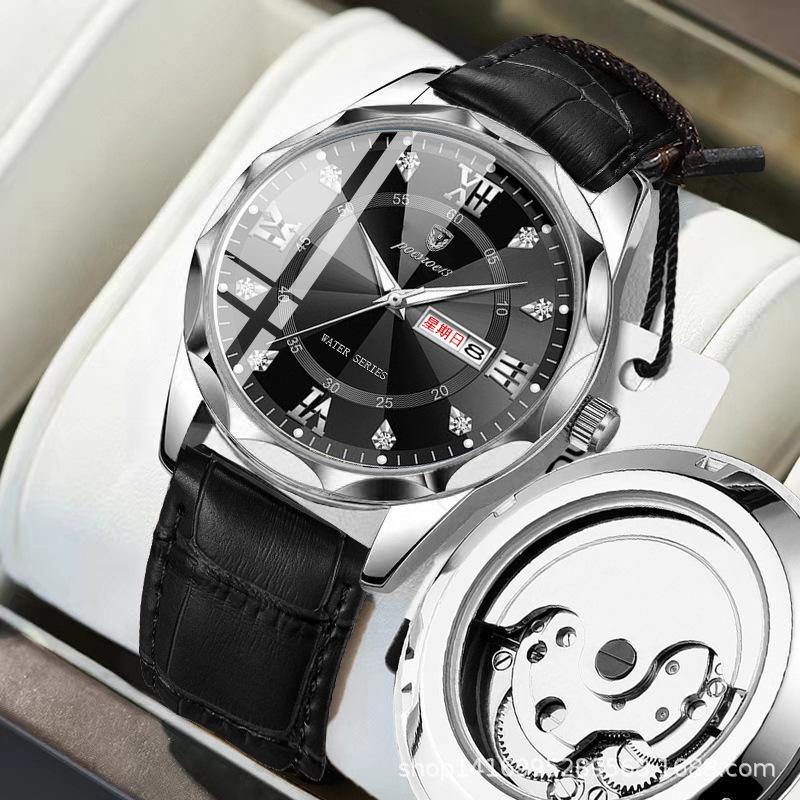 Lysende automatisk mekanisk klokke for menn med dobbel kalender, skjelettdesign, fasjonabelt belte og vanntett kvarts.