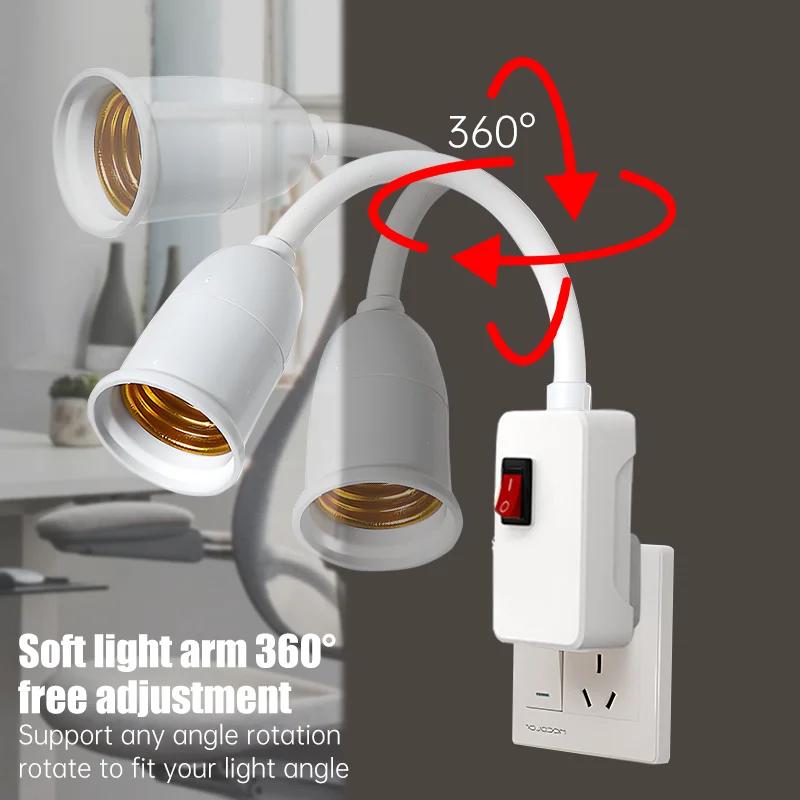 E27 Plug-in Lamp Holder with EU Plug Switch Flexible Swivel Head Rotary LED Bulb Socket Adapter for Wall Light Table Lamp Base