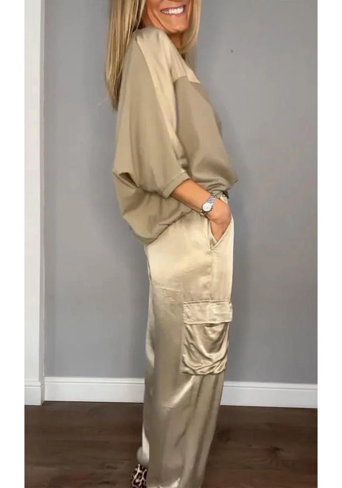 European and American Women's Satin Half-Sleeve Top and Pants Set 2024