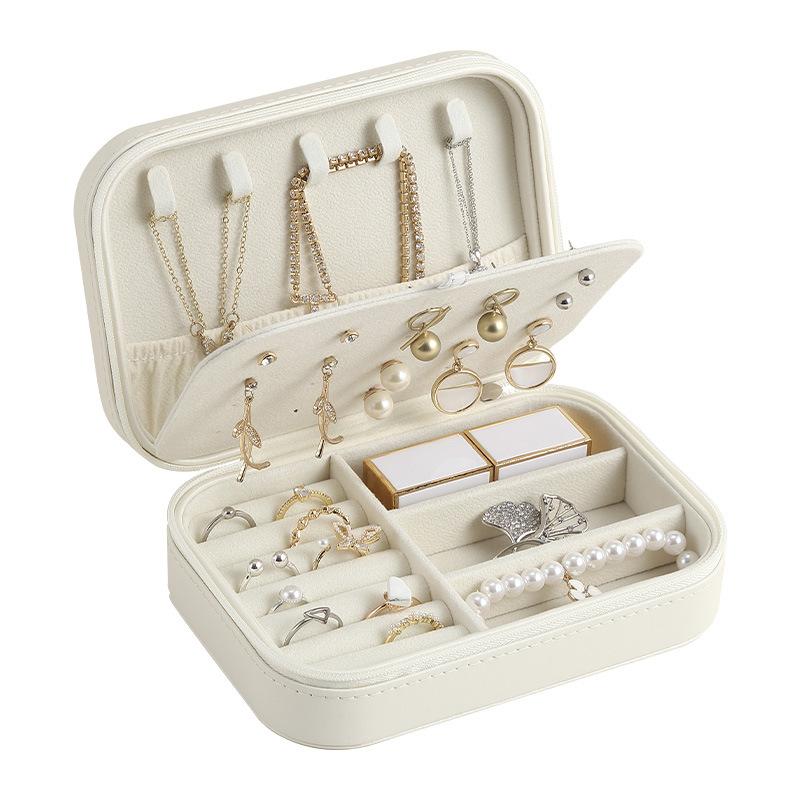 Leather Zipper Stud Earrings Storage Jewelry Box with Baffle Earrings Ring Large Capacity Jewelry Jewelry Portable Box