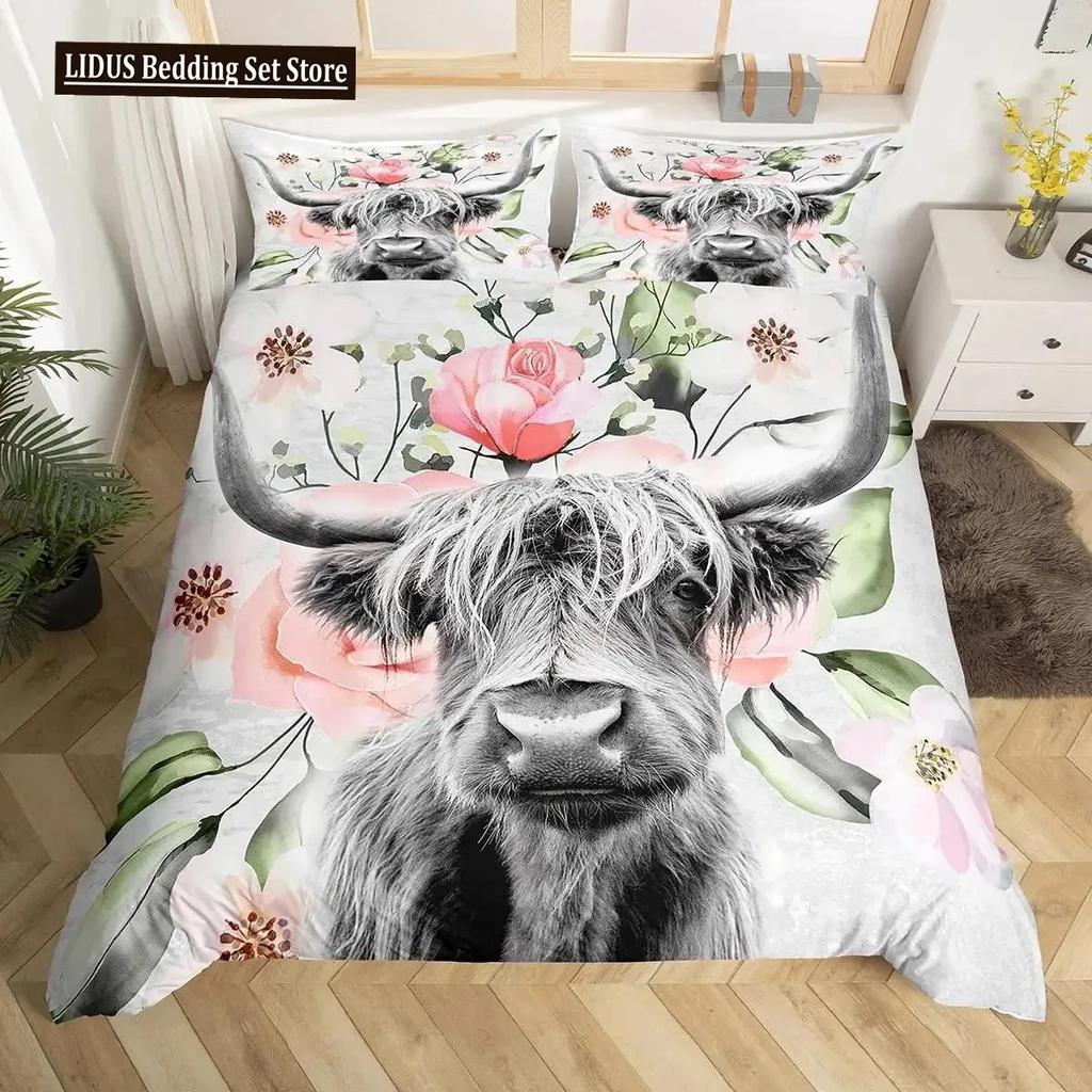 Highland Cattle Påslakanset Sött Blommigt Ko Dubbelt Sängklädesset Gul Solros Täcke Djur Polyester Quiltöverdrag