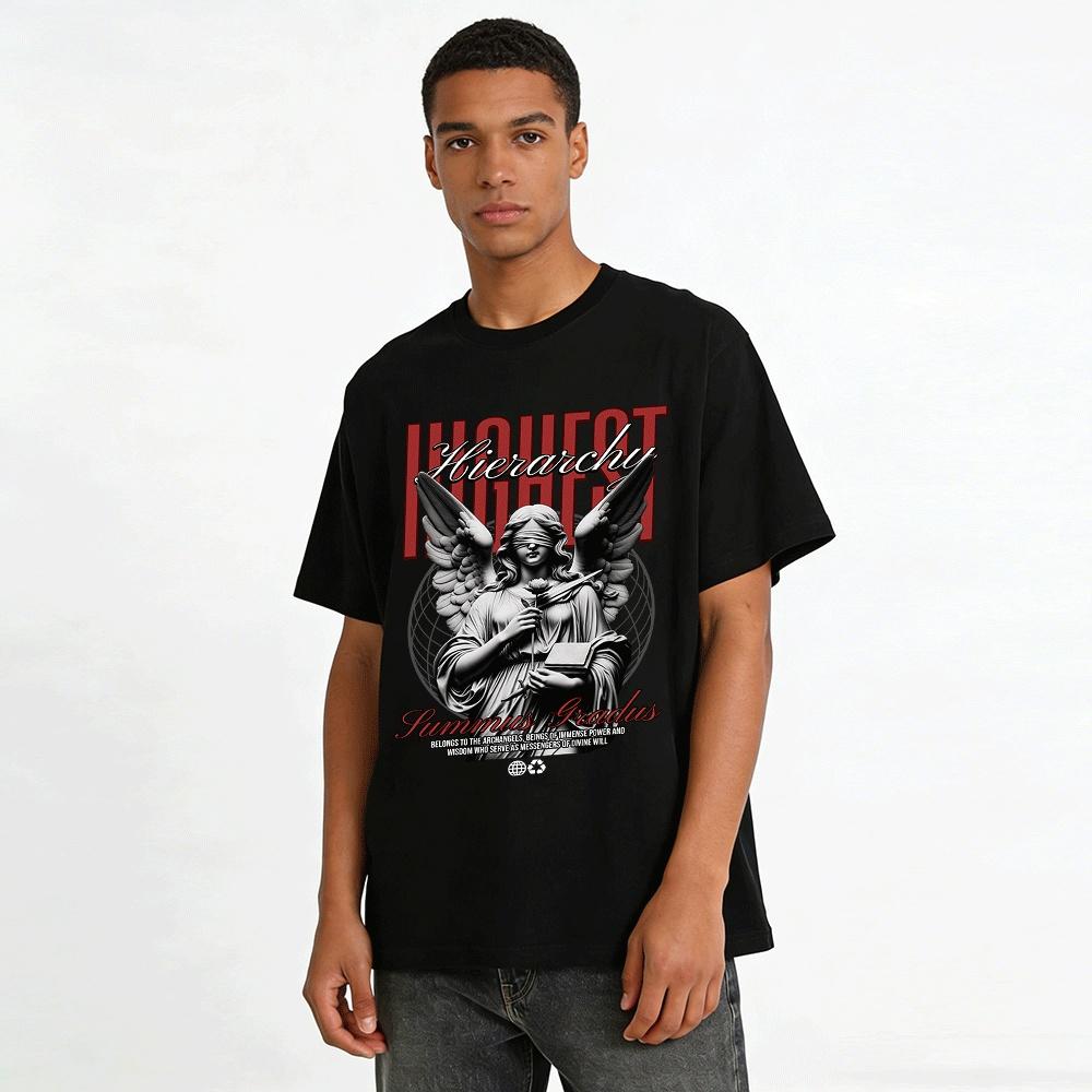 Highest Hierarchy Archangel Statue Style Streetwear Graphic Tee Pure Cotton T-shirt