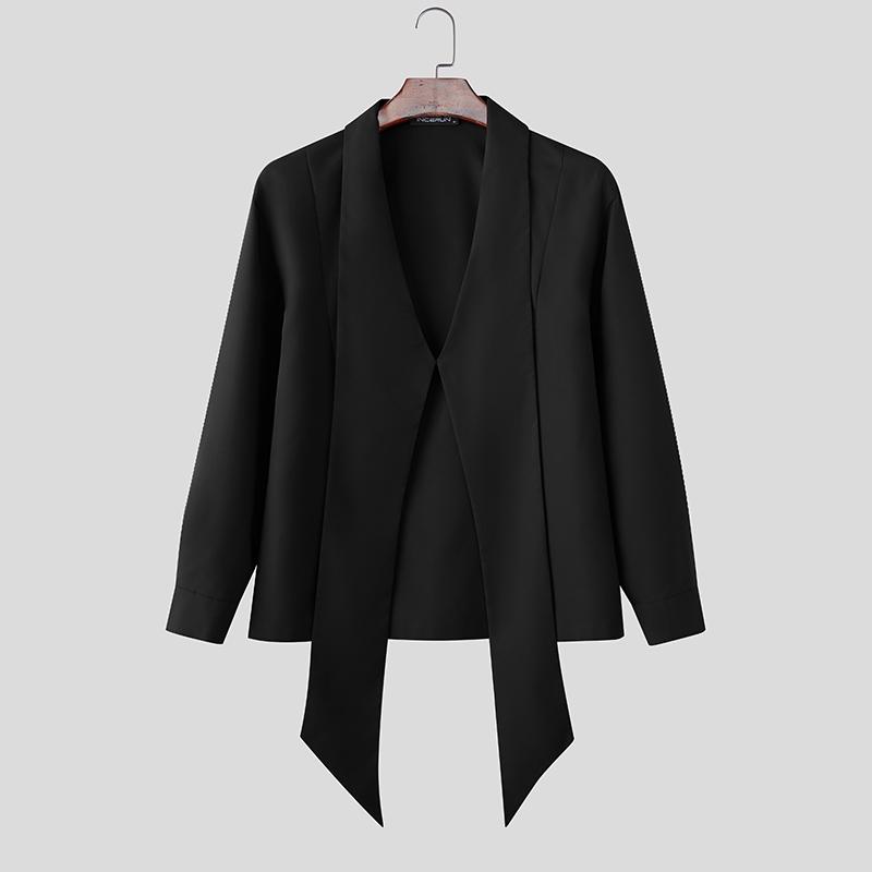 

INCERUN Men V Neck Long Sleeve Ribbon Casual Loose Oversized Shirts Tops чёрный