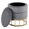 Gray Velvet Round Pouffe with Storage Compartment, Gold Legs, Glamour Furnitex