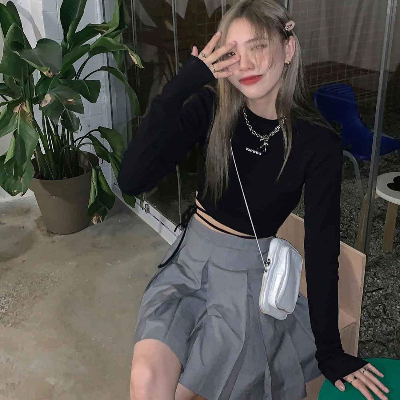 

VAYLA Женские футболки с длинным рукавом Дизайн Сексуальный укороченный топ Ins Популярный Топы с бинтами Харадзюку Ульззанг Уличный Стиль Весна Женская Одежда Горячие Облегающие Новые L чёрный