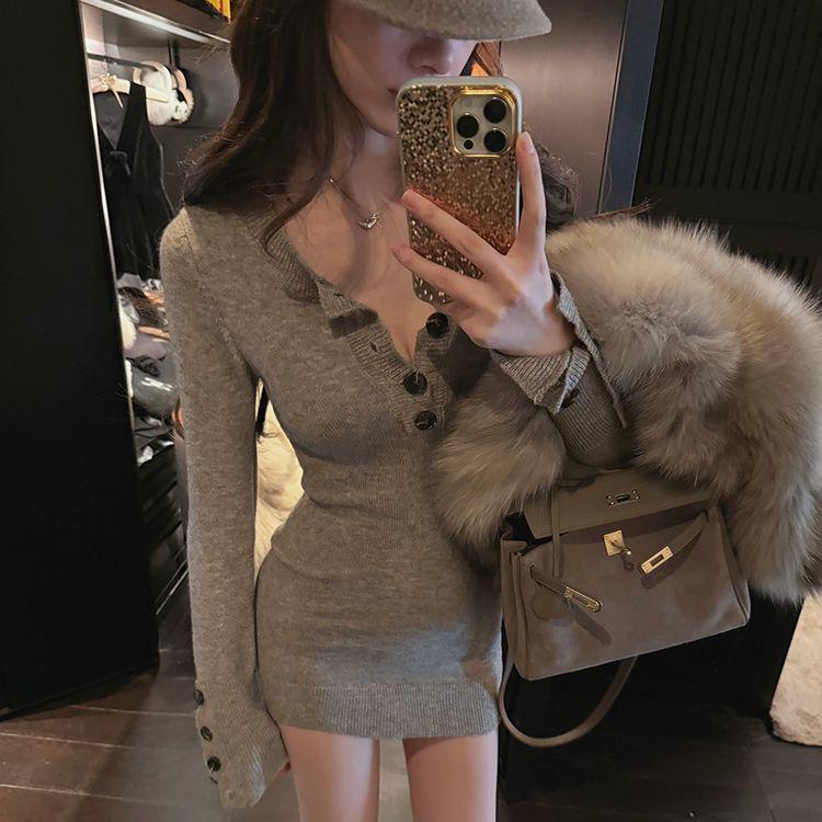 Women s Autumn/Winter Waist-Cinching Knitted Dress, Short Bodycon Skirt with Buttons, Elegant Style, New Yarn Fashion Small
