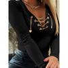 T-shirt Casual da Donna Autunno/Inverno Elegante e Stilosa, Manica Lunga, Scollo a V, Senza Catena