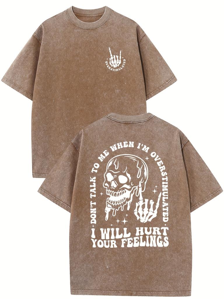 Men's Vintage Washed T-Shirt - Loose Fit Short Sleeve Crew Neck Cotton with "I'll Hurt Your Feelings" Text Print, Casual Wear & Everyday Outfits