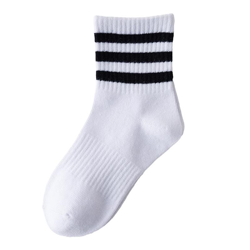 Kids' White & Black Mid-Calf Cotton Socks - Thick Striped Sports Socks for Boys & Girls, Spring & Autumn.