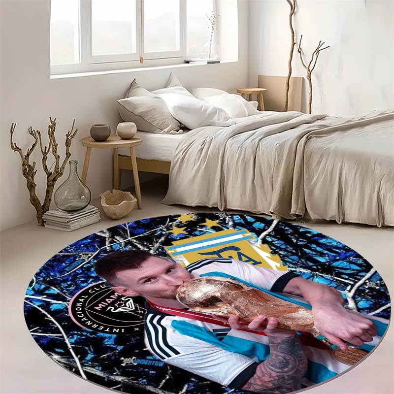 World Cup Trophy Soccer Star Portrait Print Round Area Rug Non‑Slip Circular Floor Mat Sport Fan Home Decor for Living Bedroom Gaming Room